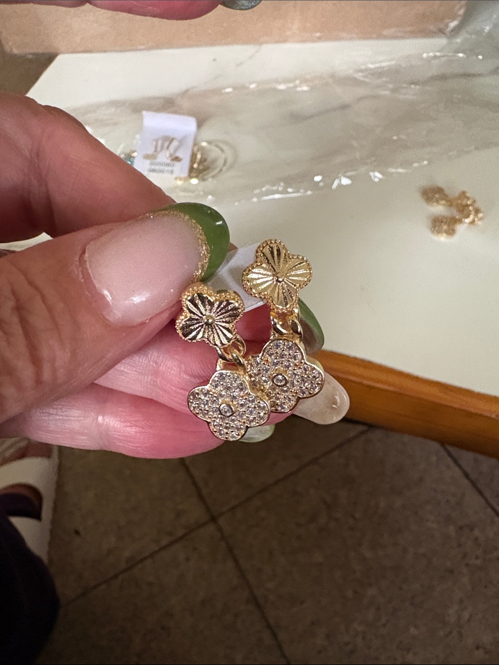 Gold Floral Drop Earrings with Pave Crystals - Women Jewelry